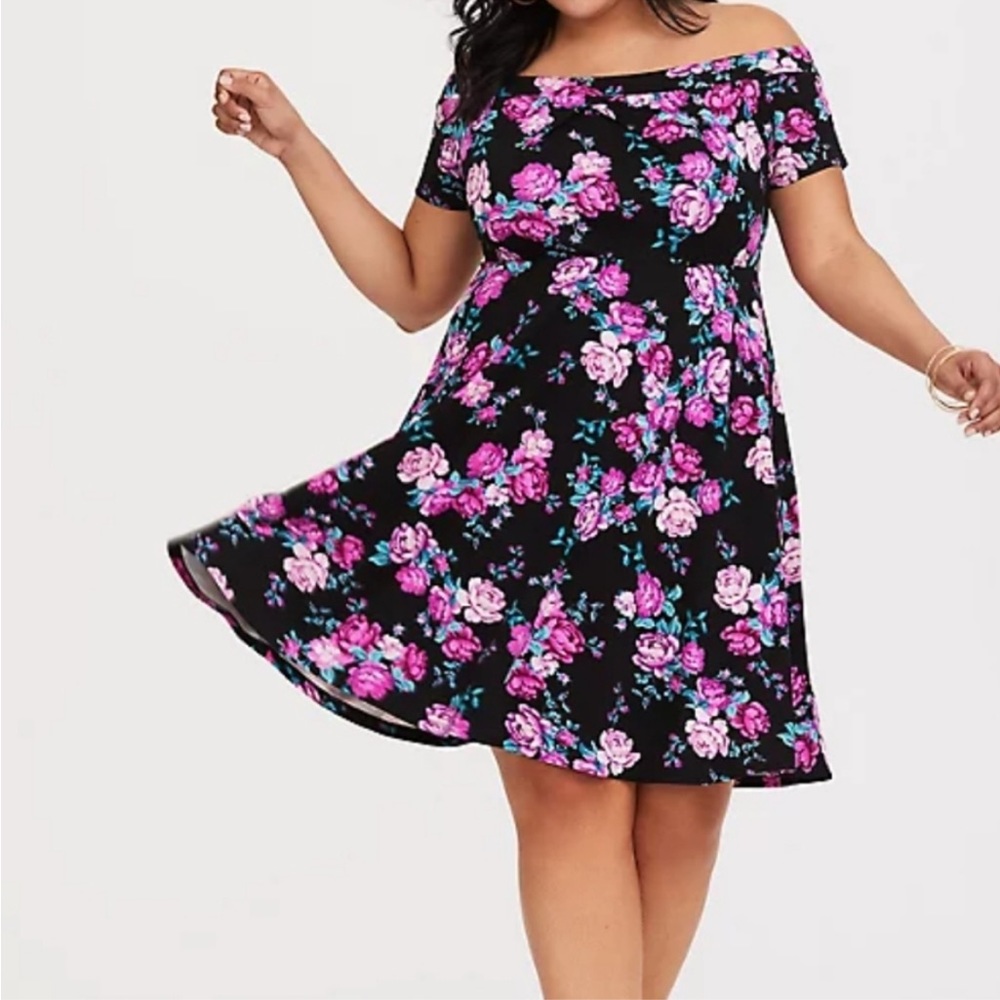 Torrid Floral Mini Studio Luxe Ponte Off-Shoulder Skater Dress